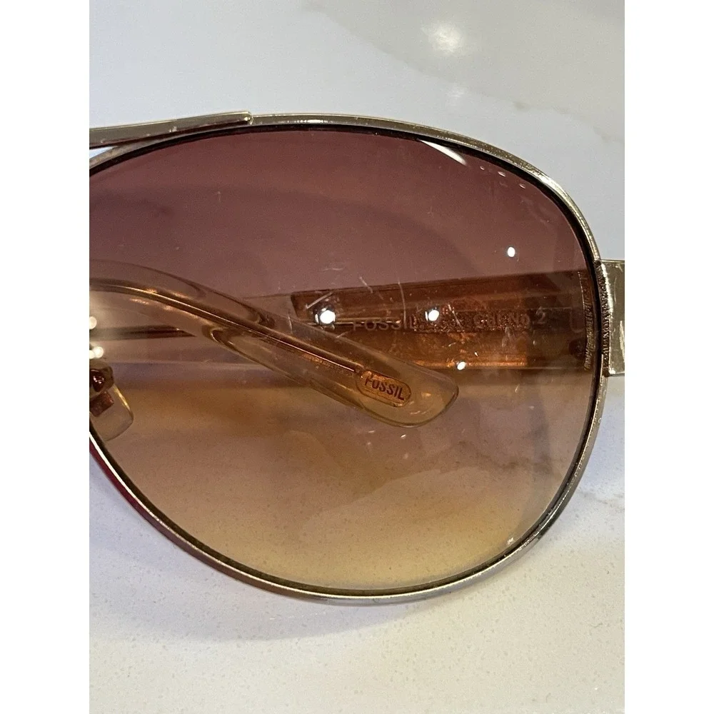 Fossil Rena Aviator Sunglasses Wood Clear Frame Brown‎ Ombre Lens 60-13-126 Y2k